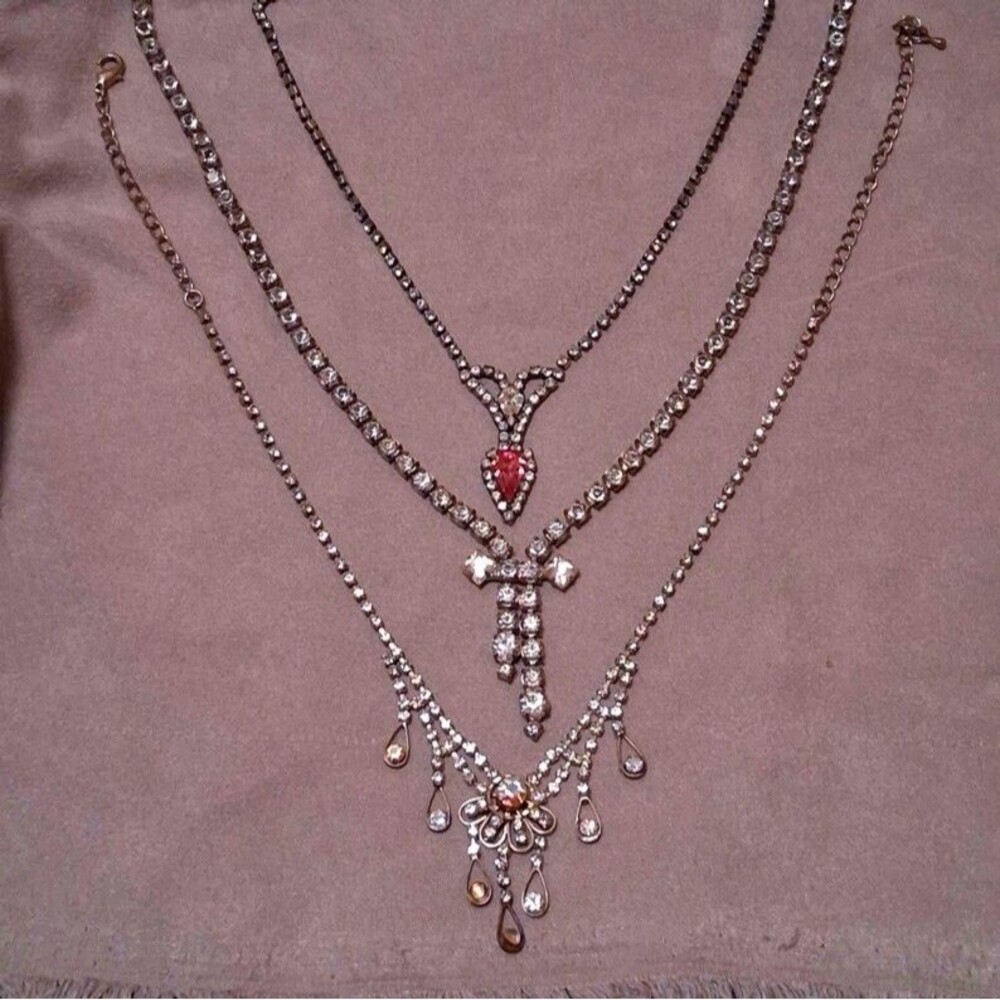 Vintage Rhinestone Necklace Set (3) Pink AB & Festoon